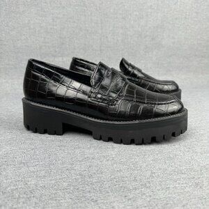 Steve Madden Loafers Women's 7 Black Faux Leather Croc Embossed Lug Sole Preppy